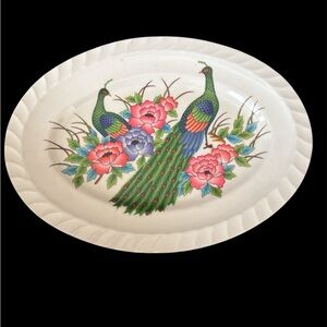Elegant Peacock Floral Oval Melamine Plate